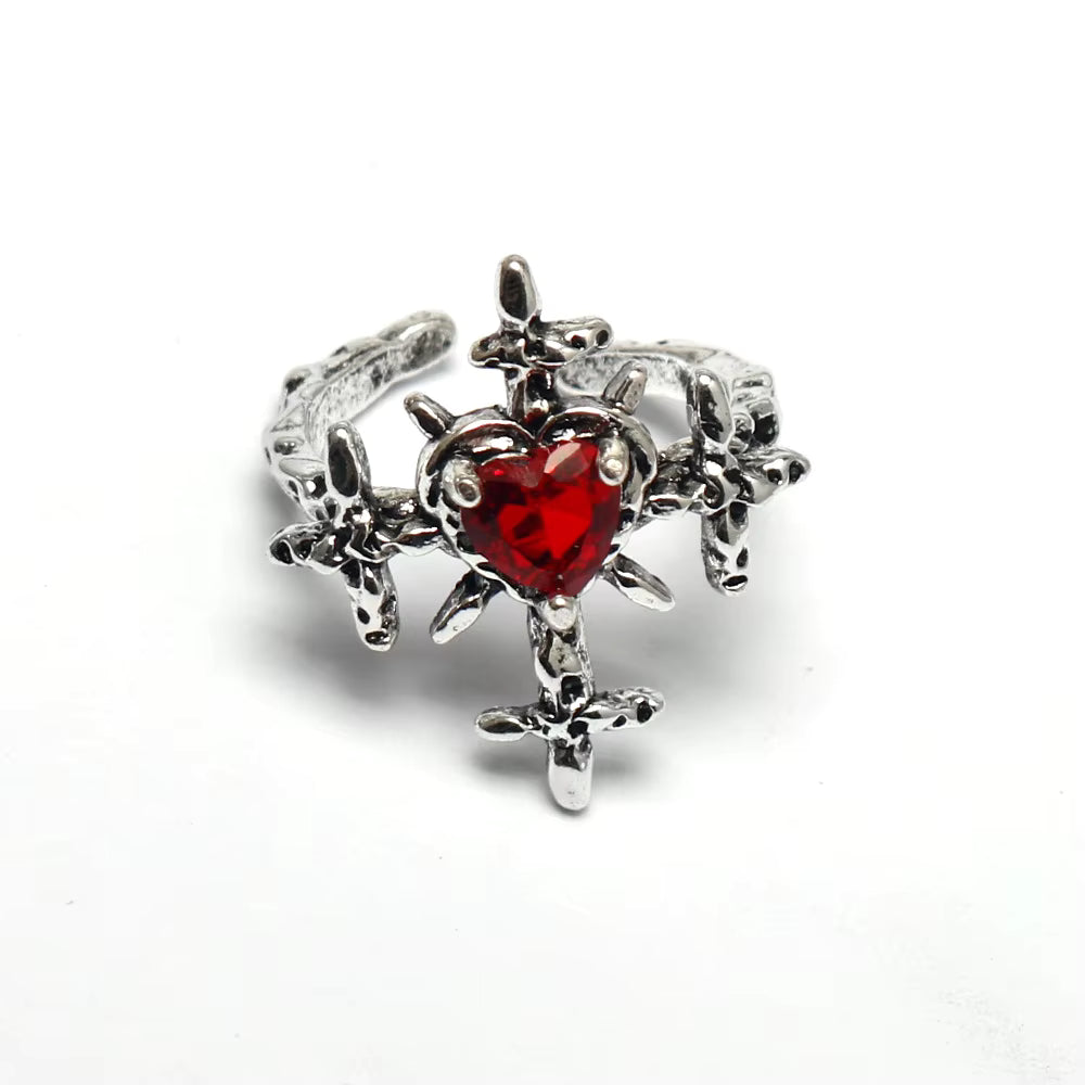 Red Zirconia Heart Cross Ring