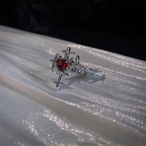 Red Zirconia Heart Cross Ring