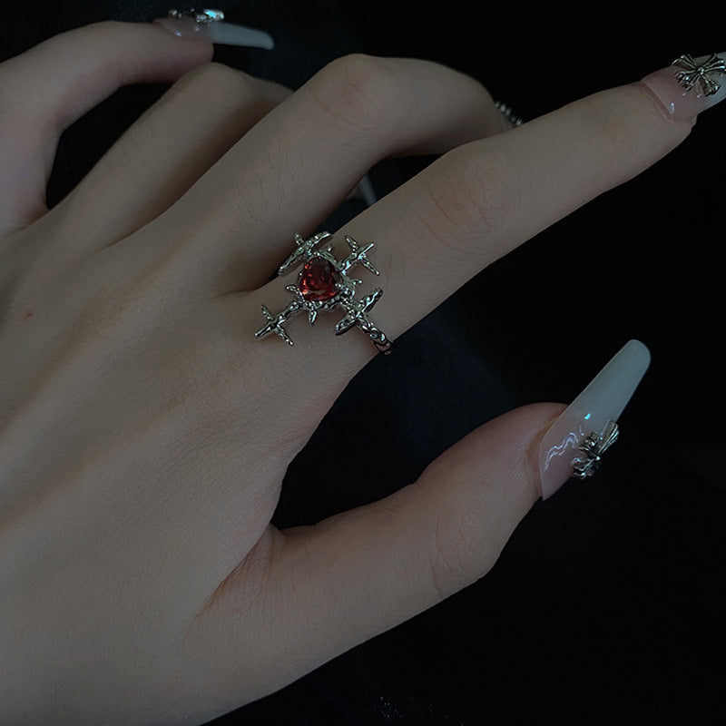 Red Zirconia Heart Cross Ring