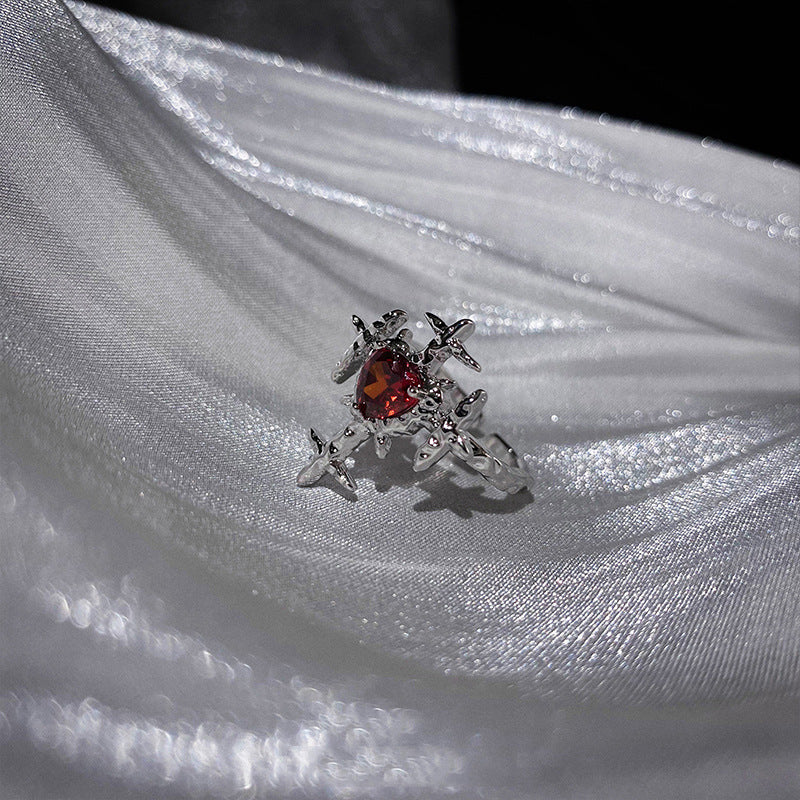 Red Zirconia Heart Cross Ring