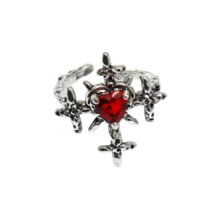 Red Zirconia Heart Cross Ring